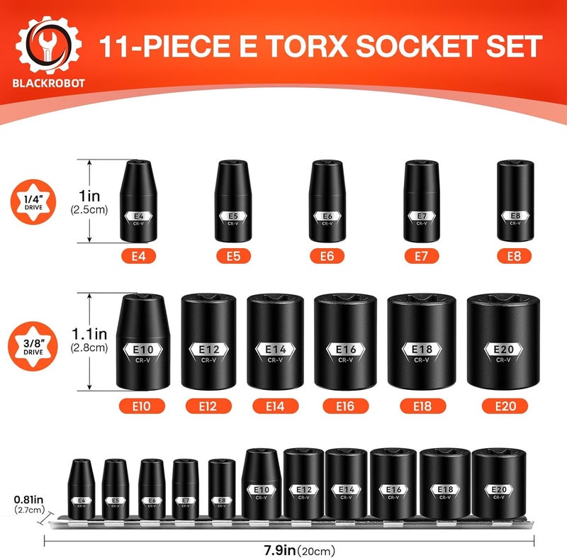 BLACKROBOT E Torx & Star Socket Set With Rail, 11-Piece Female External Sockets, 3/8" 1/4" Drive Precision Torque Inverted Torx Kit, E4 E5 E6 E7 E8 E10 E12 E14 E16 E18 E20 Reverse Socket - Image 2